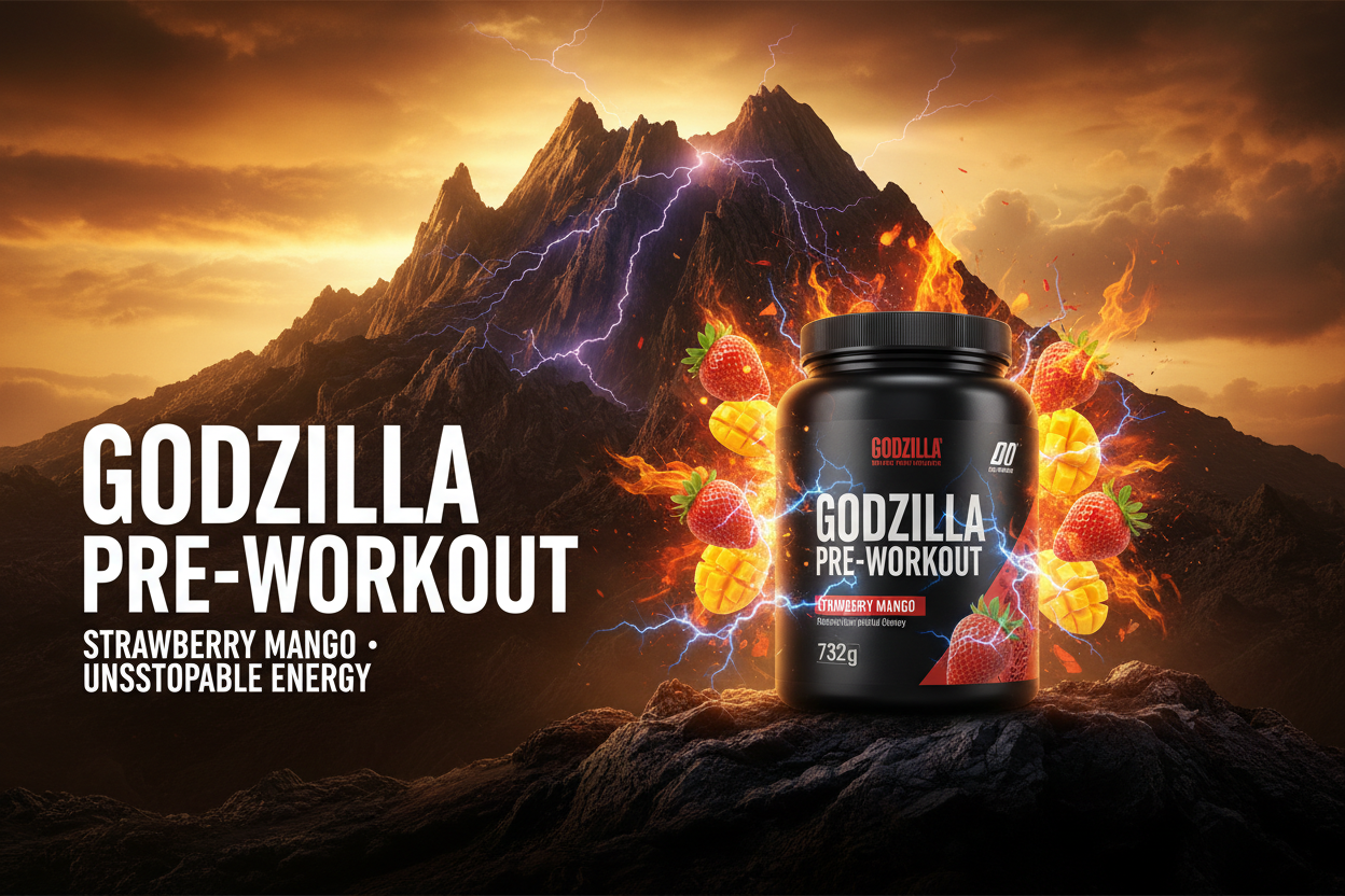 Godzilla Pre-Workout Strawberry Mango 732g - Volcanic Summit Banner